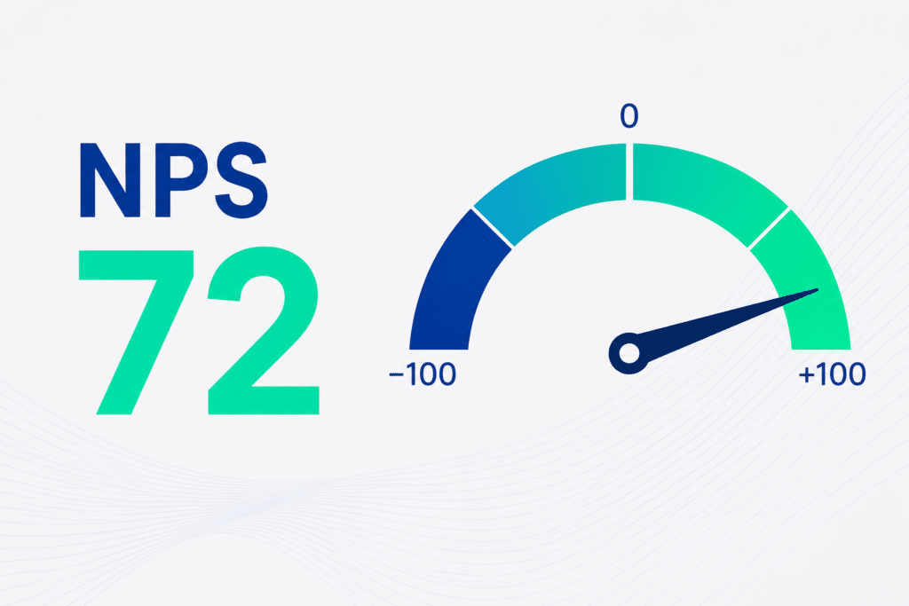 NPS score 72 shown in large gradient digits with a semicircular -100 to +100 gauge and a positive-pointing needle.